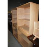 PAIR OF CONTEMPORARY BLONDE OAK BOOKCASES, EACH FITTED WITH THREE ADJUSTABLE SHELVES AND CENTRAL