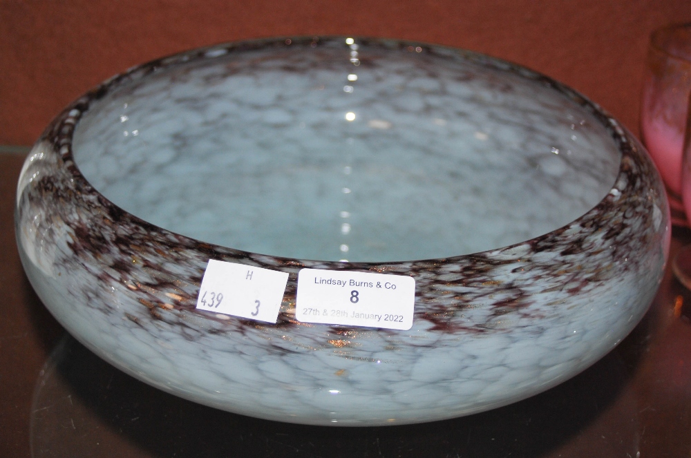 MONART GLASS BOWL MOTTLED PURPLE AND LIGHT BLUE WITH GOLD COLOURED INCLUSIONS RETAINING ORIGINAL