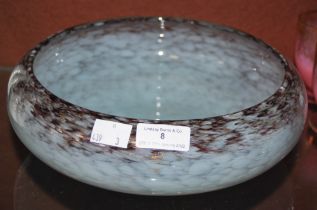 MONART GLASS BOWL MOTTLED PURPLE AND LIGHT BLUE WITH GOLD COLOURED INCLUSIONS RETAINING ORIGINAL