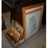 BOX OF ASSORTED DECORATIVE PICTURES, PRINTS, GILT FRAMED MIRROR, NEEDLEWORK PANELS.