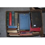 BOX - ASSORTED VINTAGE BOOKS TO INCLUDE A VINTAGE BRASS BOUND ILLUSTRATED HOLY BIBLE ETC