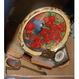 BOX - EMBROIDERED DRESSING TABLE SET, DECORATIVE BRASS BOOKENDS, MANTLE CLOCK, CIRCULAR PRINT