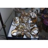 COLLECTION OF ASSORTED SILVER FLATWARE, NAPKIN RINGS, ETC, TOGETHER WITH A WHITE METAL CREAM JUG AND