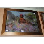 A CONTEMPORARY SCOTTISH WOOL FELT PAINTING OF GROUSE BY JILL HARRISON, FRAMED AND UNDER GLASS,