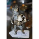 EARLY 20TH CENTURY COLD PAINTED BRONZE FIGURE OF A CAT STANDING HOLDING A TEA TRAY WITH CUPS,