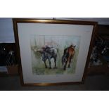 •AR CLAIRE HARKESS (SCOTTISH CONTEMPORARY SCHOOL) TWO HORSES WATERCOLOUR AND INK ON PAPER, SIGNED IN
