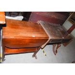 A 20TH CENTURY REPRODUCTION DARK STAINED SUTHERLAND TABLE TOGETHER WITH A 20TH CENTURY DARK