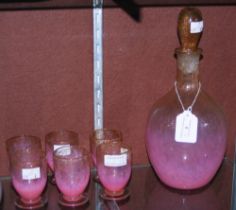 MONART GLASS DECANTER AND SIX MATCHING GLASSES, MOTTLED CLEAR AND PINK GLASS WITH GOLD COLOURED
