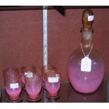 MONART GLASS DECANTER AND SIX MATCHING GLASSES, MOTTLED CLEAR AND PINK GLASS WITH GOLD COLOURED