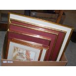 BOX OF ASSORTED DECORATIVE WATERCOLOUR PICTURES TO INCLUDE A PAIR BY M. KERNOT, LOCH SCENE WITH