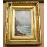 EARLY 20TH CENTURY BRITISH SCHOOL CLIFFS WITH BREAKING WAVES OIL ON BOARD, UNSIGNED, INSCRIPTION