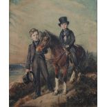 Attributed to Frederick Cruickshank (British 1800 - 1868) Two boys with a pony by the beach