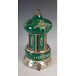 A 20th century Continental painted green glass and silver plated musical cigarette box, of