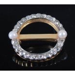 A yellow and metal diamond and cultured pearl set circular brooch, set with twenty-six various round