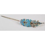 A Chinese white metal and kingfisher feather hair ornament, decorated with butterflies and