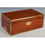 A 19th century teak and brass bound campaign style writing box / slope, the interior with tooled