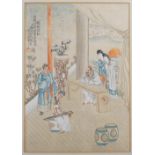 A pair of Chinese watercolours on silk, late Qing Dynasty, one depicting figures playing the game of