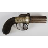 A 19th century English six shot bar hammer percussion pepperbox revolver, with fully fluted six-shot