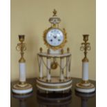 A 19th century French gilt metal and white marble clock garniture, the clock with circular enamelled