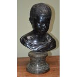 A late 19th/ early 20th century bronze bust of a boy, on green marble circular plinth, overall