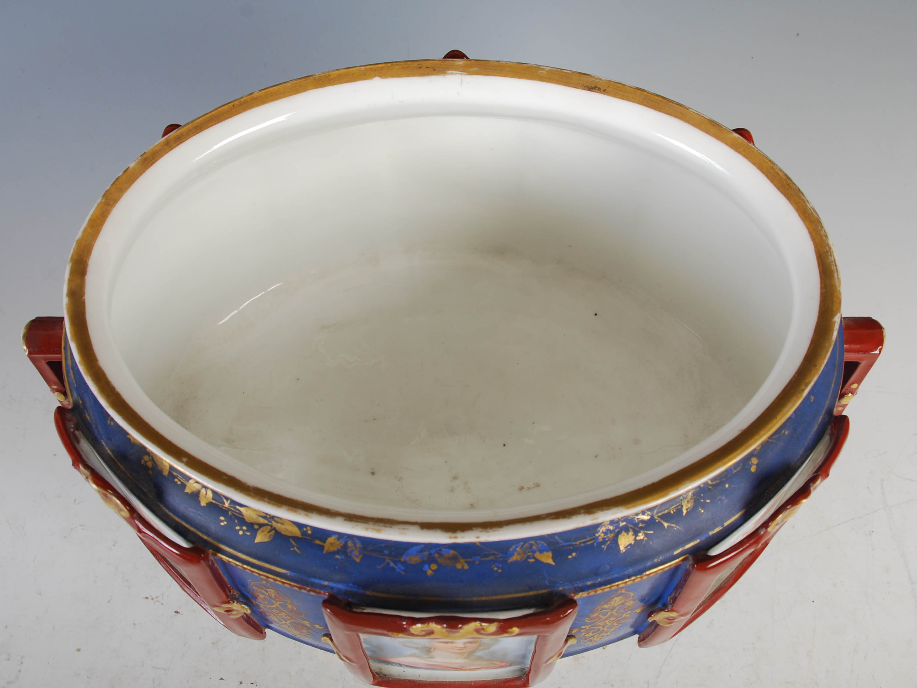 A late 19th century French Limoges style porcelain jardiniere, of oval form, the blue and gilt - Image 3 of 6