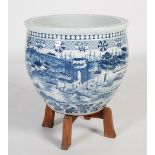 A very large 20th century Chinese blue and white porcelain fish bowl / jardiniere, the top rim