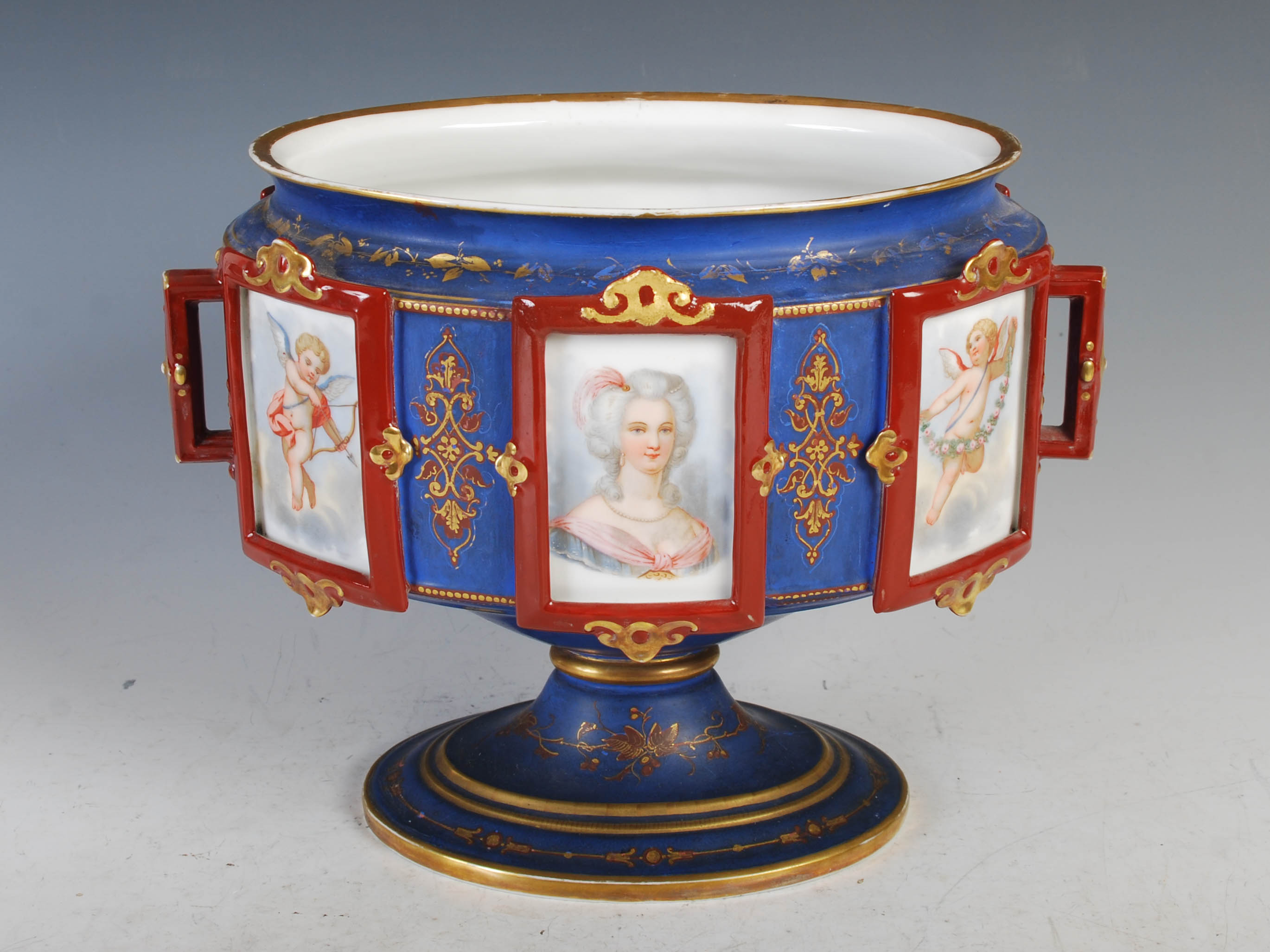 A late 19th century French Limoges style porcelain jardiniere, of oval form, the blue and gilt - Image 2 of 6