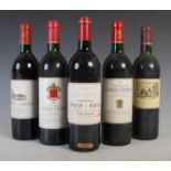 Vintage wine- Five assorted bottles of Claret to include, one Chateau Langoa Barton, Saint-Julien,