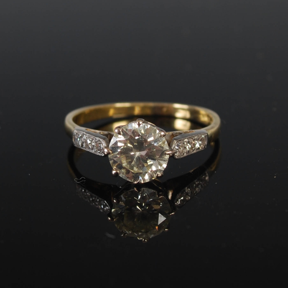 A mid 20th century yellow and white metal single stone diamond ring with diamond set shoulders, - Image 2 of 6