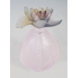 A Daum frosted glass scent bottle and stopper, the flower form pate de verre stopper tinted blue,