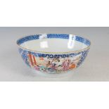 A late 18th / early 19th century Chinese famille rose porcelain punch bowl, the body with scenes