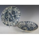 A pair of Chinese blue and white dishes in the Ming Dynasty style, with central scene of a phoenix