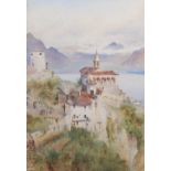 Late 19th century Continental school A view of a monastery above an alpine lake Watercolour on