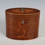 A George III satinwood and marquetry tea caddy, of oval form, the top with a foliate roundel with