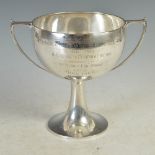 A George V silver twin handled trophy cup, maker William Hutton & Sons Ltd, Sheffield 1912, engraved