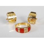 A yellow metal, coral and diamond chip ring, stamped 750, ring size Q, 9 grams, together with a pair
