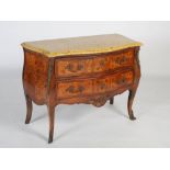 A late 19th / early 20th century French rosewood, kingwood and marquetry bombe fronted commode, in