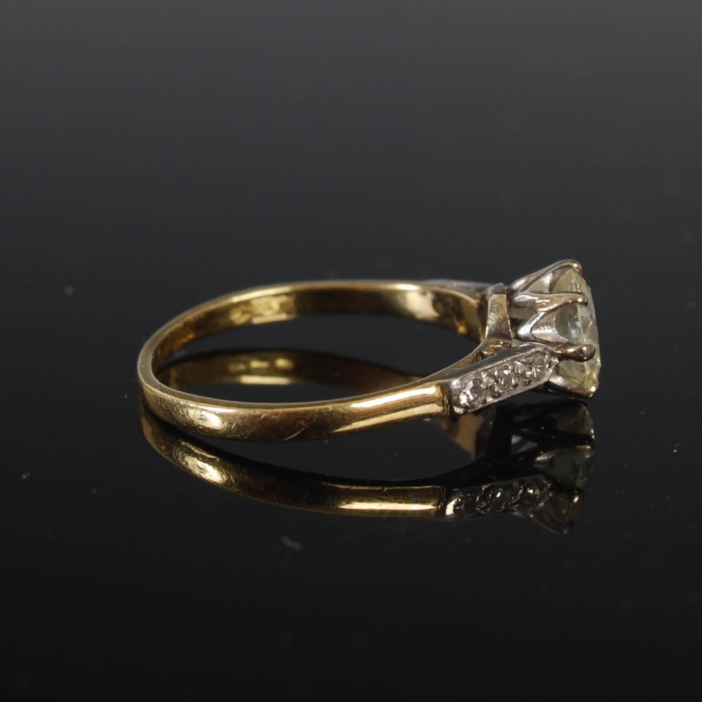 A mid 20th century yellow and white metal single stone diamond ring with diamond set shoulders, - Image 3 of 6