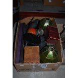 BOX OF ASSORTED OBJECTS TO INCLUDE GAS MASKS, EBONISED ELEPHANTS, MAH-JONG SET, STRING HOLDER,