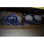 TWO BOXES OF ASSORTED 19TH CENTURY AND LATER BLUE PRINTED TABLEWARE TO INCLUDE ASHETS, FRUIT