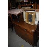 EARLY 20TH CENTURY OAK MIRROR-BACK CHEST OF TWO SHORT OVER TWO LONG DRAWERS, WITH CAMPAIGN STYLE