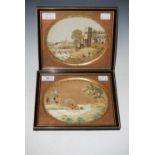 PAIR OF 18TH CENTURY SILK WORK PICTURES, BOTH OVAL AND WORKED IN COLOURED THREADS WITH BUILDINGS