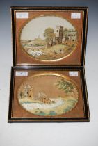 PAIR OF 18TH CENTURY SILK WORK PICTURES, BOTH OVAL AND WORKED IN COLOURED THREADS WITH BUILDINGS