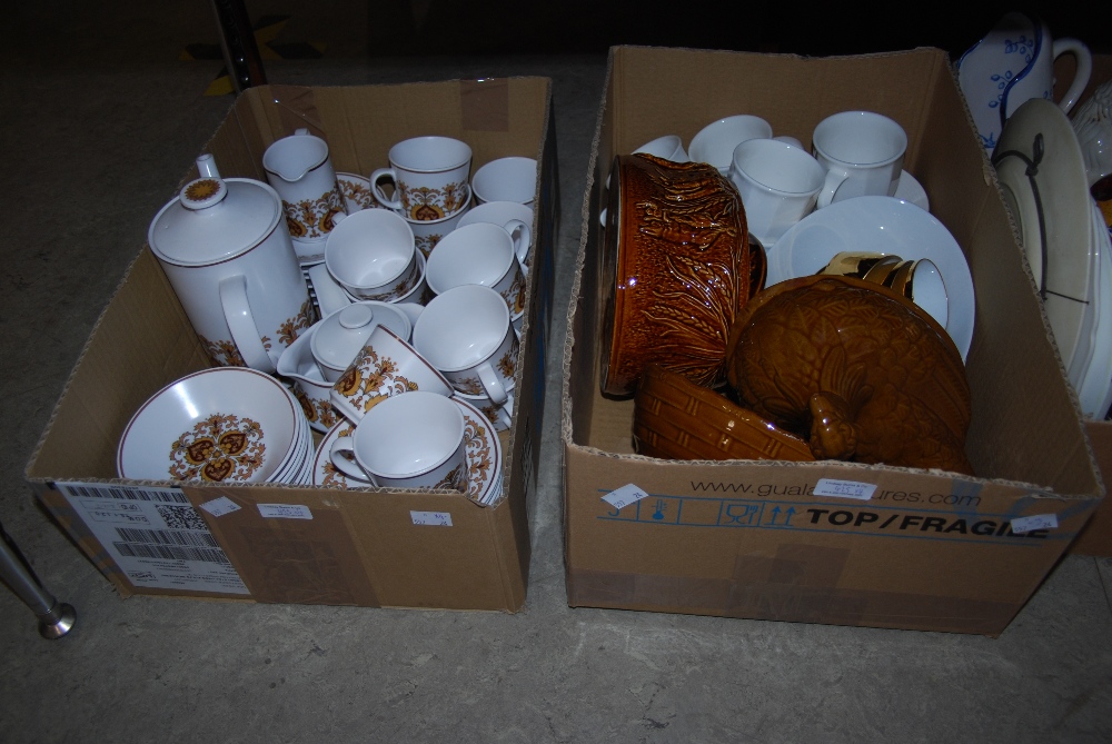 FOUR BOXES OF ASSORTED HOUSEHOLD CERAMICS, ORNAMENTAL WARES, POTTERY NESTING HENS, PART COFFEE SETS, - Image 2 of 2