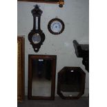 TWO OAK WALL MIRRORS AND TWO BAROMETERS