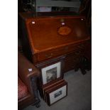 A LATE 19TH / EARLY 20TH CENTURY GEORGE III STYLE MAHOGANY SATINWOOD AND MARQUETRY INLAID BUREAU.