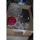 BOX OF ASSORTED GLASSWARE.