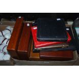 BOX OF ASSORTED CASED SETS OF CUTLERY, FLATWARE, SOME FULL, SOME EMPTY.