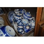 BOX CONTAINING A BOOTHS 'REAL OLD WILLOW' BLUE PRINTED PART TEA SET, TOGETHER WITH REMAINING OTHER