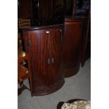 TWO 19TH CENTURY MAHOGANY HANGING CORNER CUPBOARDS ONE WITH TWO DOORS OVER THREE SMALL DRAWERS,